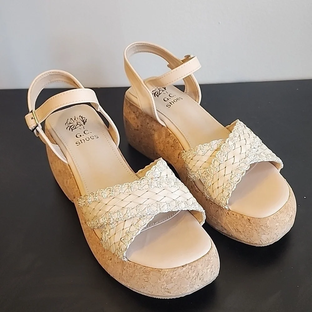 G.C. Cream Wedge Platform Shoes with Braided Straps
